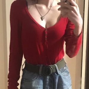 ribbed v neck red long sleeved shirt
